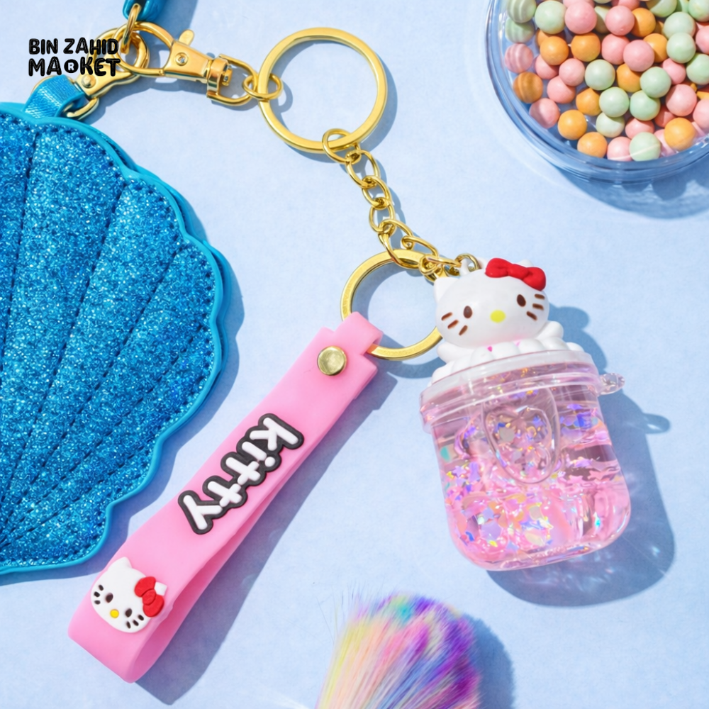HELLO KITTY GLITTER JAR KEYCHAIN WITH SILICONE STRAP – CUTE KAWAII BAG CHARM & CAR KEYRING FOR GIRLS PURSE BACKPACK &