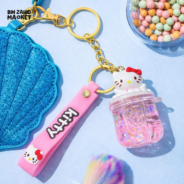 HELLO KITTY GLITTER JAR KEYCHAIN WITH SILICONE STRAP – CUTE KAWAII BAG CHARM & CAR KEYRING FOR GIRLS PURSE BACKPACK &