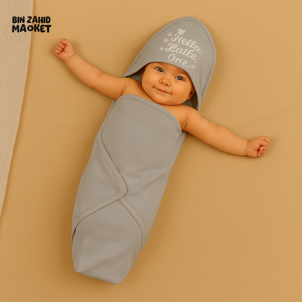 HELLO LITTLE ONE GREY HOODED BABY WRAP – COTTON NEWBORN SWADDLE BLANKET