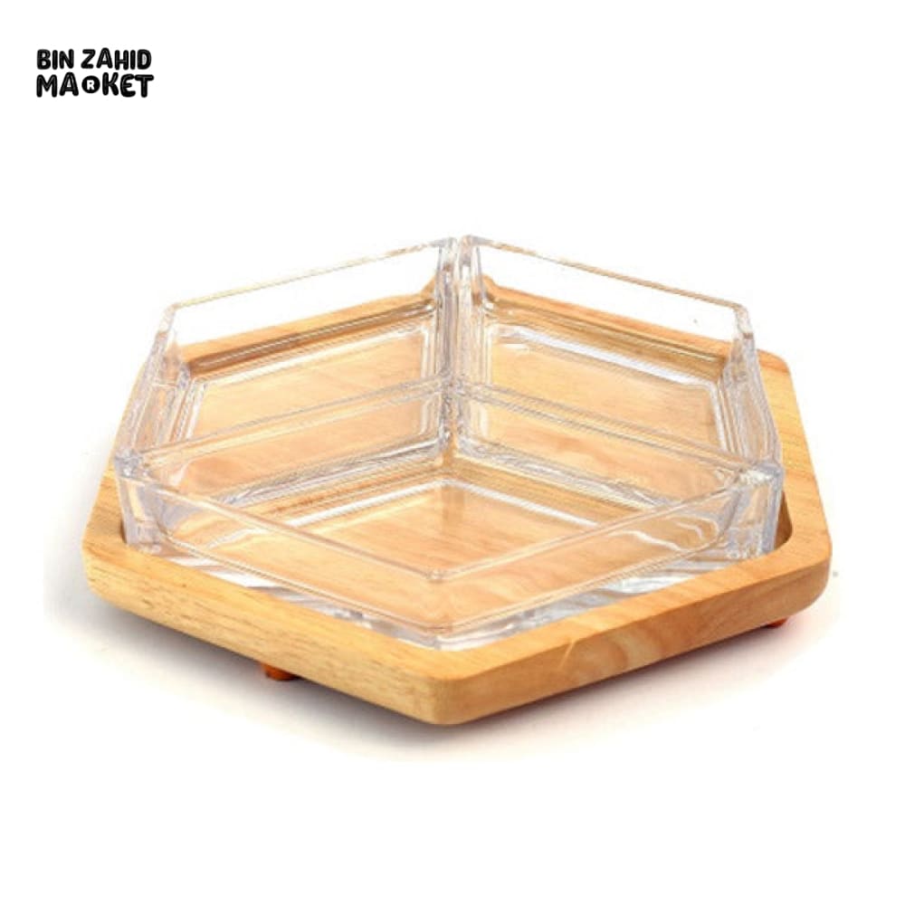 HEXAGON DRY FRUIT & SNACK TRAY – WITH WOODEN BASE 3-COMPARTMENT SERVING BOX
