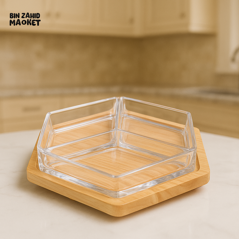 HEXAGON DRY FRUIT & SNACK TRAY – WITH WOODEN BASE 3-COMPARTMENT SERVING BOX
