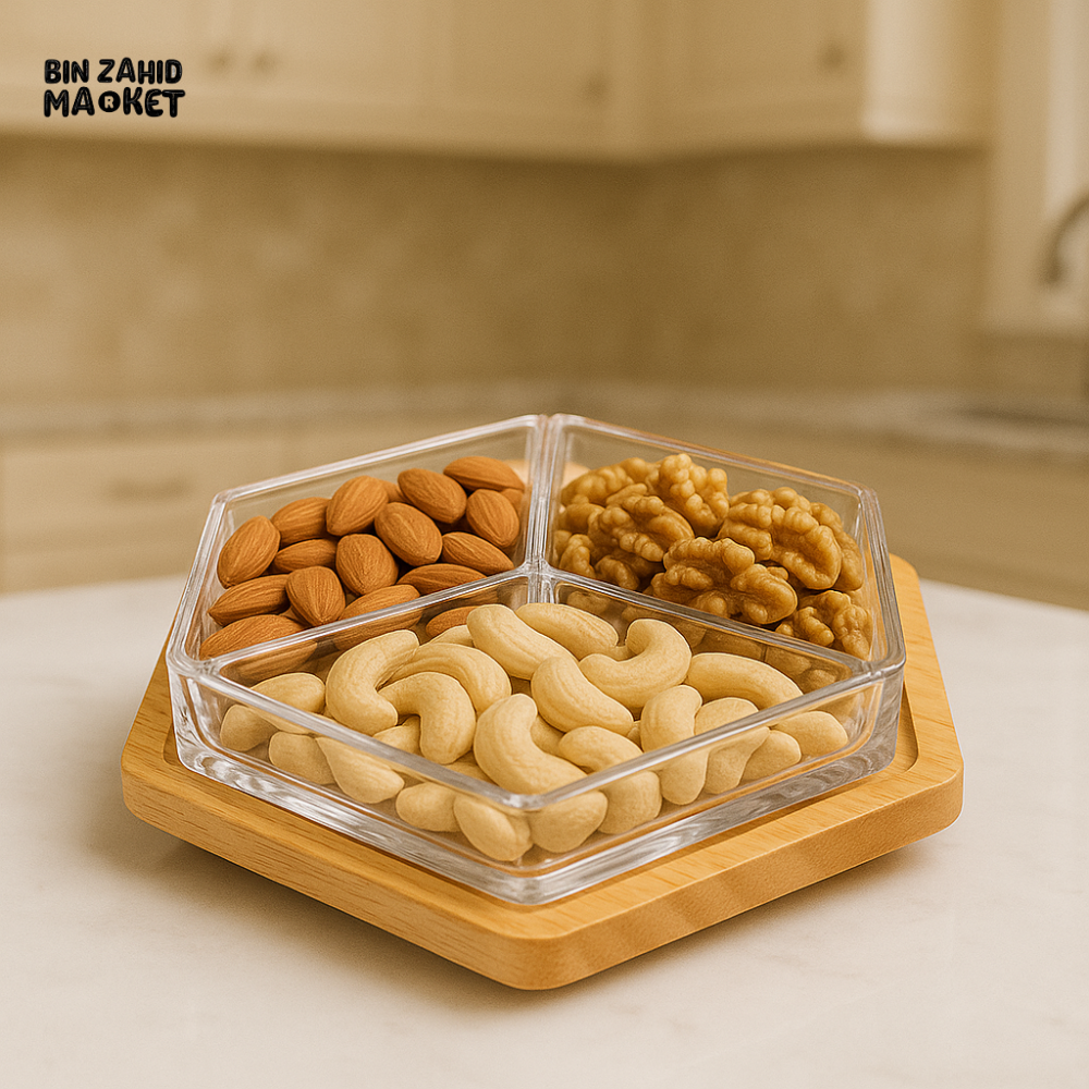 HEXAGON DRY FRUIT & SNACK TRAY – WITH WOODEN BASE 3-COMPARTMENT SERVING BOX