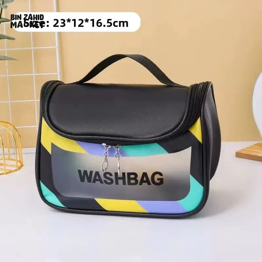 HIGH AESTHETIC TRANSPARENT TRAVEL MAKEUP TOILETRY BAG – LARGE CAPACITY WATERPROOF PORTABLE PU HANDHELD Black