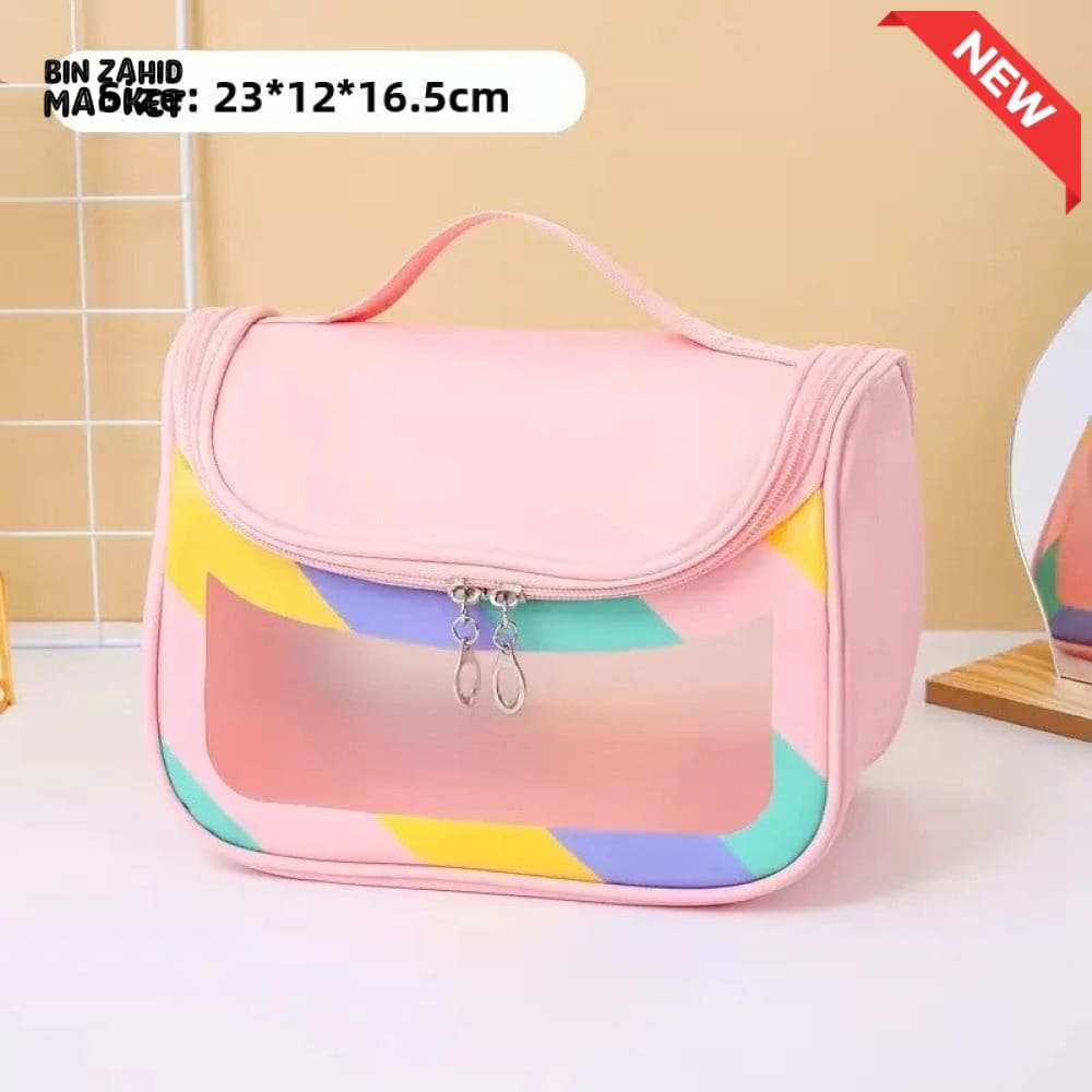 HIGH AESTHETIC TRANSPARENT TRAVEL MAKEUP TOILETRY BAG – LARGE CAPACITY WATERPROOF PORTABLE PU HANDHELD Pink
