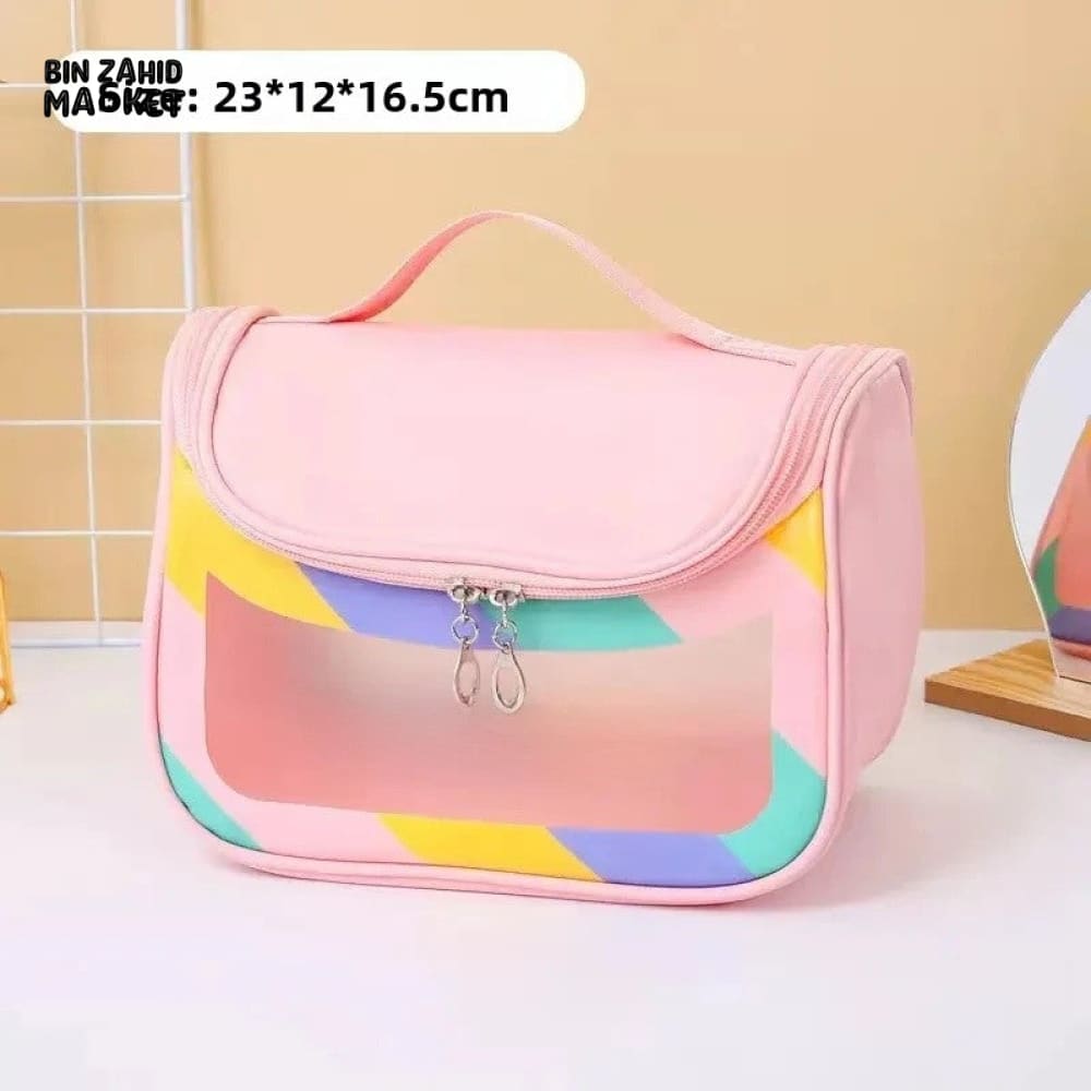 HIGH AESTHETIC TRANSPARENT TRAVEL MAKEUP TOILETRY BAG – LARGE CAPACITY WATERPROOF PORTABLE PU HANDHELD Pink