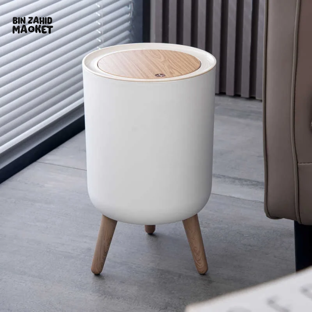 HIGH FOOT WOOD GRAIN TRASH CAN – KITCHEN BATHROOM OFFICE & HOME WASTE BIN - ROUND SHAPE