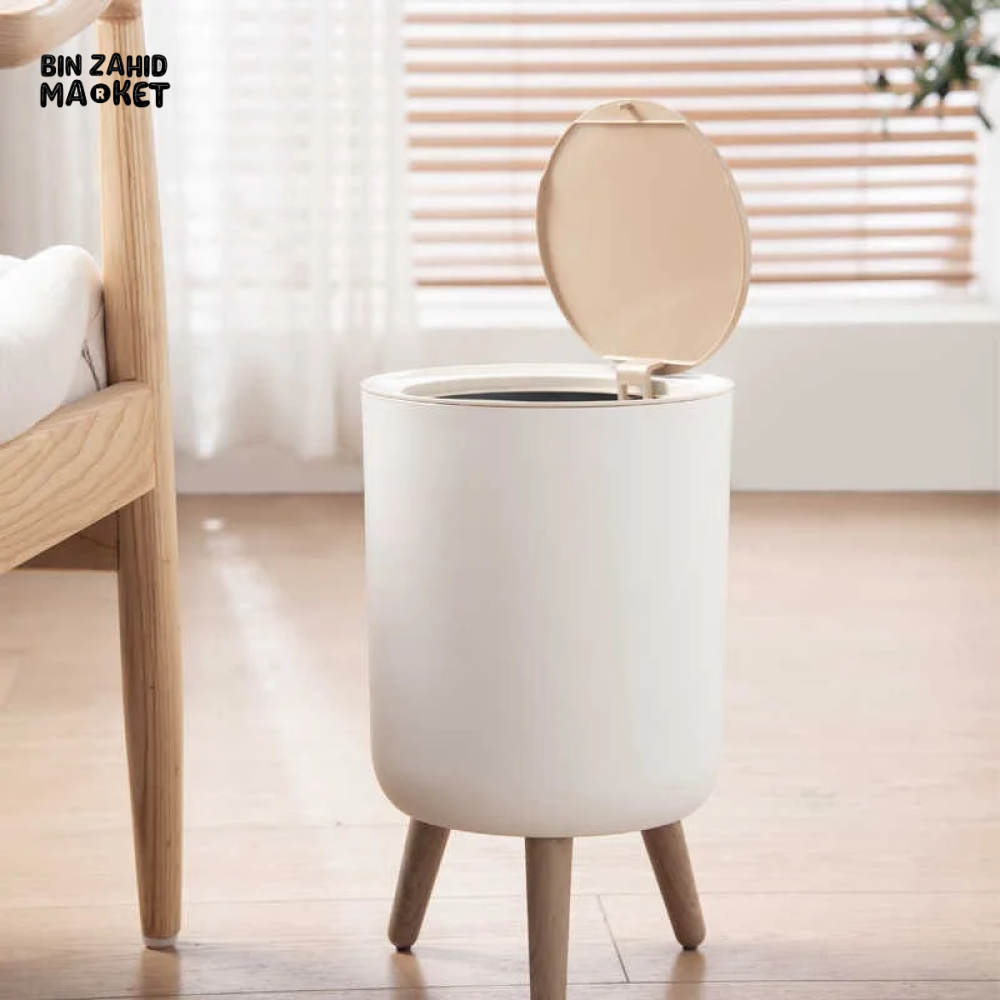 HIGH FOOT WOOD GRAIN TRASH CAN – KITCHEN BATHROOM OFFICE & HOME WASTE BIN - ROUND SHAPE