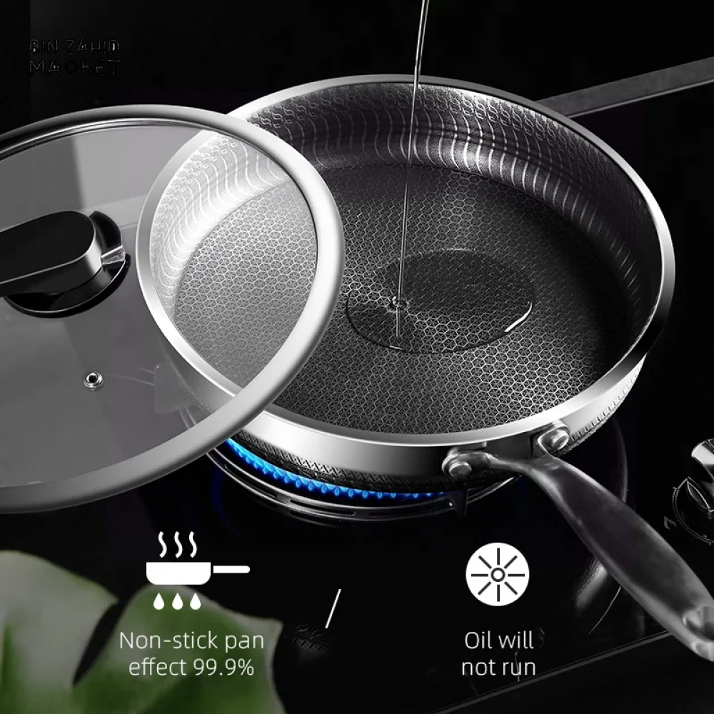 HIGH-QUALITY 316/304 SS FRYING PAN HONEYCOMB DESIGN NON-STICK SUITABLE FOR ALL COOKTOP