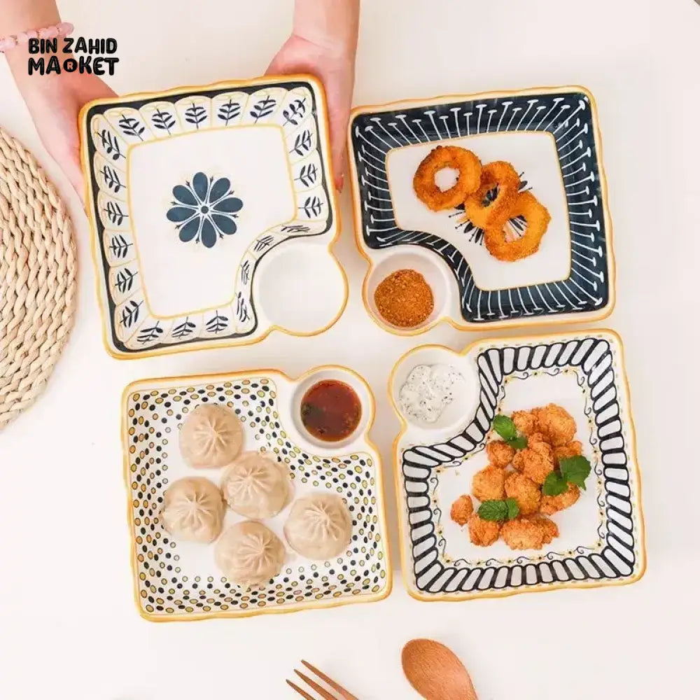 HIGH-QUALITY CERAMIC DUMPLING SERVING PLATE WITH DIP SAUCE COMPARTMENT