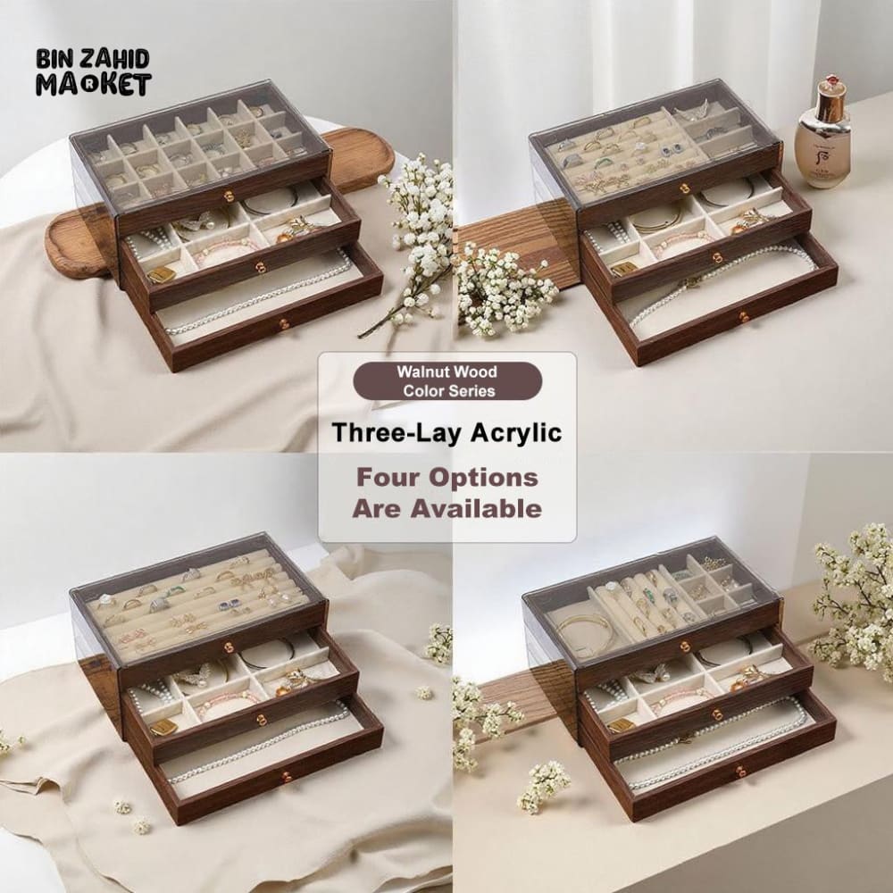 HIGH-QUALITY WALNUT WOOD JEWELRY STORAGE BOX – 3 DRAWERS