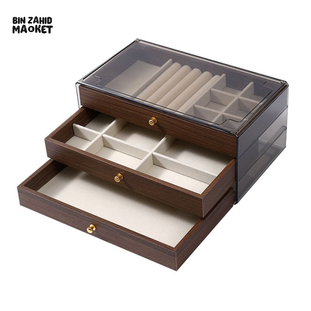 HIGH-QUALITY WALNUT WOOD JEWELRY STORAGE BOX – 3 DRAWERS