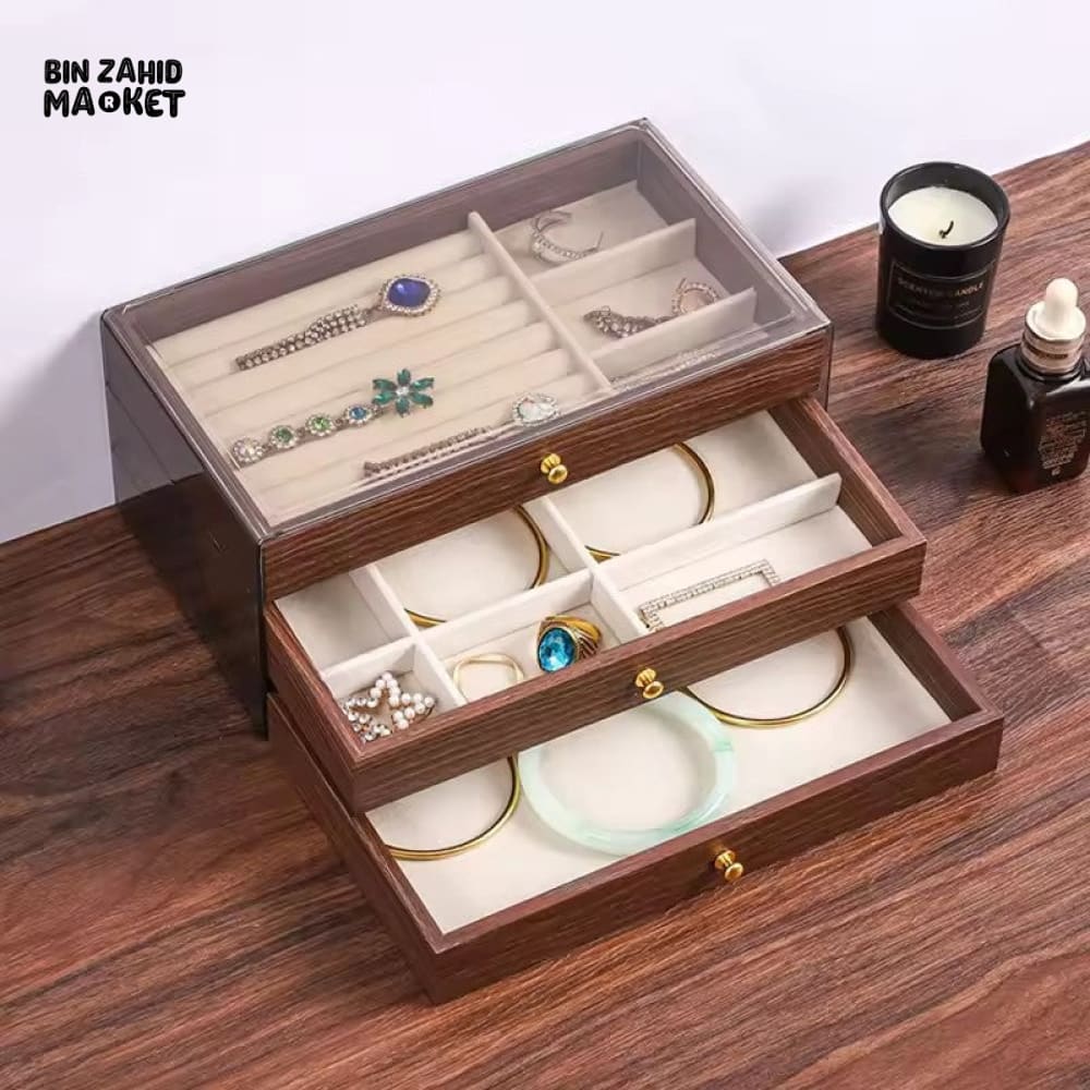 HIGH-QUALITY WALNUT WOOD JEWELRY STORAGE BOX – 3 DRAWERS