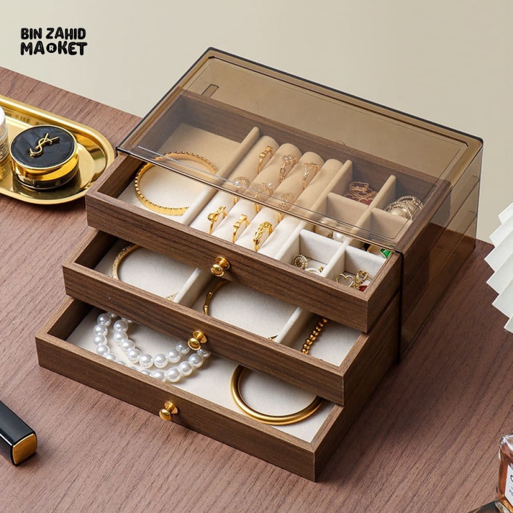 HIGH-QUALITY WALNUT WOOD JEWELRY STORAGE BOX – 3 DRAWERS