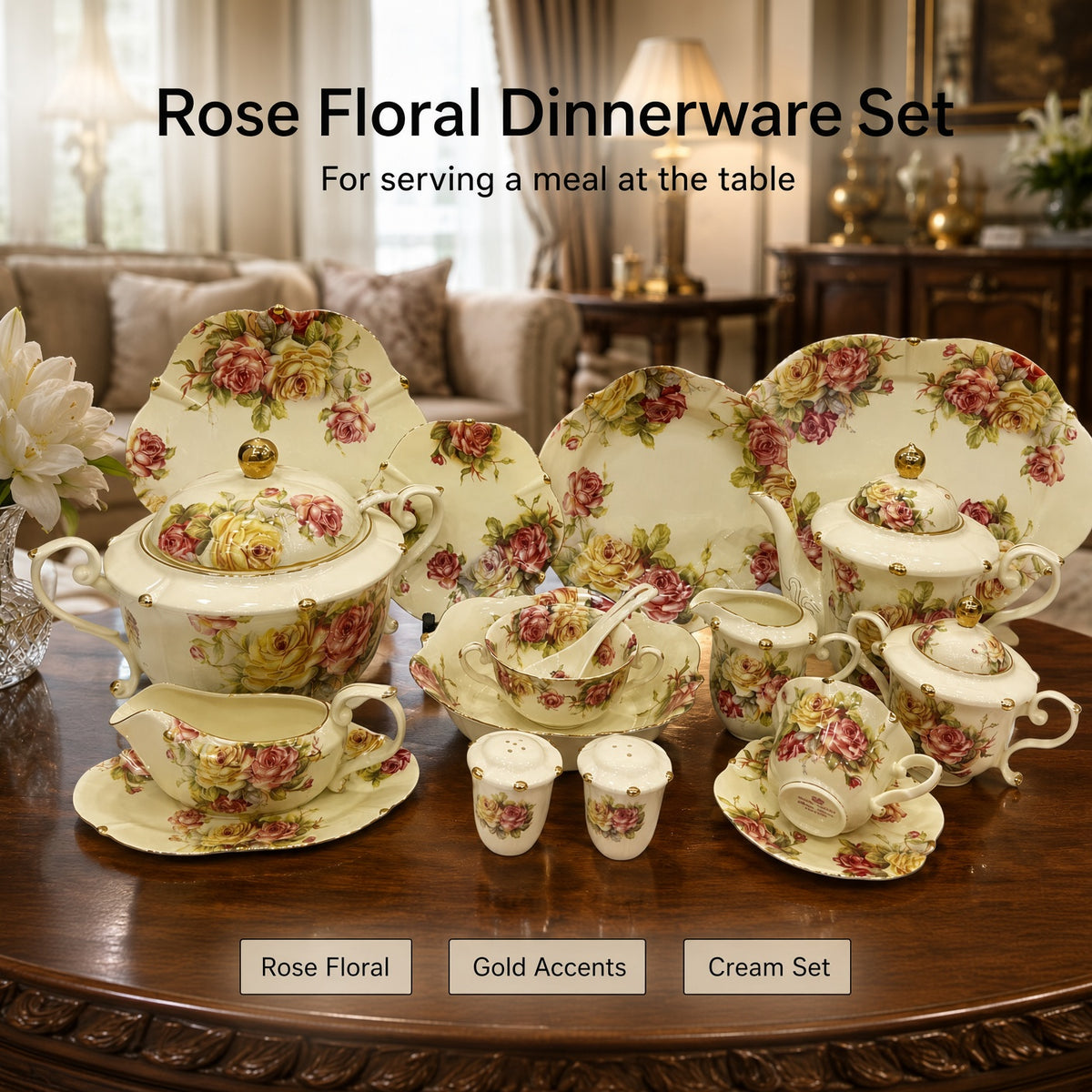 Royal Albert Inspired Pink Yellow Rose Floral Patterns 75 Pieces 8 Person Serving Dinner Set