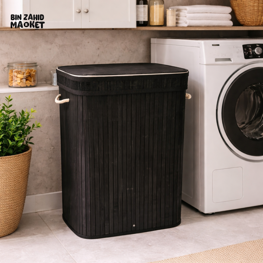 Rectangular Bamboo Laundry Basket - Black