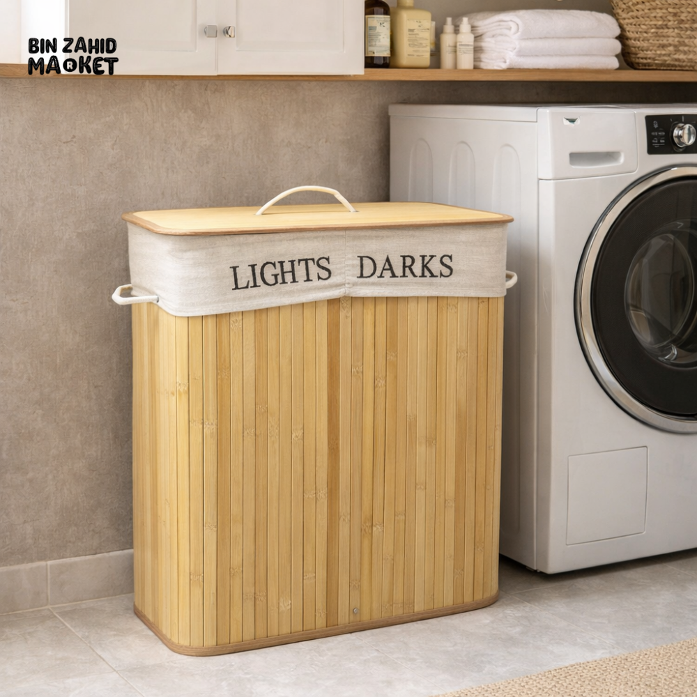 Rectangular Dual Compartments Bamboo Laundry Basket - Light Brown