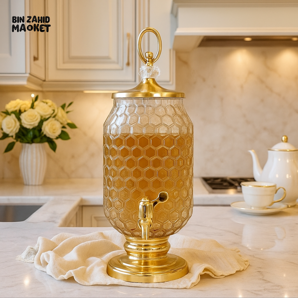HONEYCOMB DESIGN LUXURY GLASS DISPENSER WITH GOLDEN TAP – ELEGANT JUICE & BEVERAGE SERVER FOR KITCHEN & PARTIES
