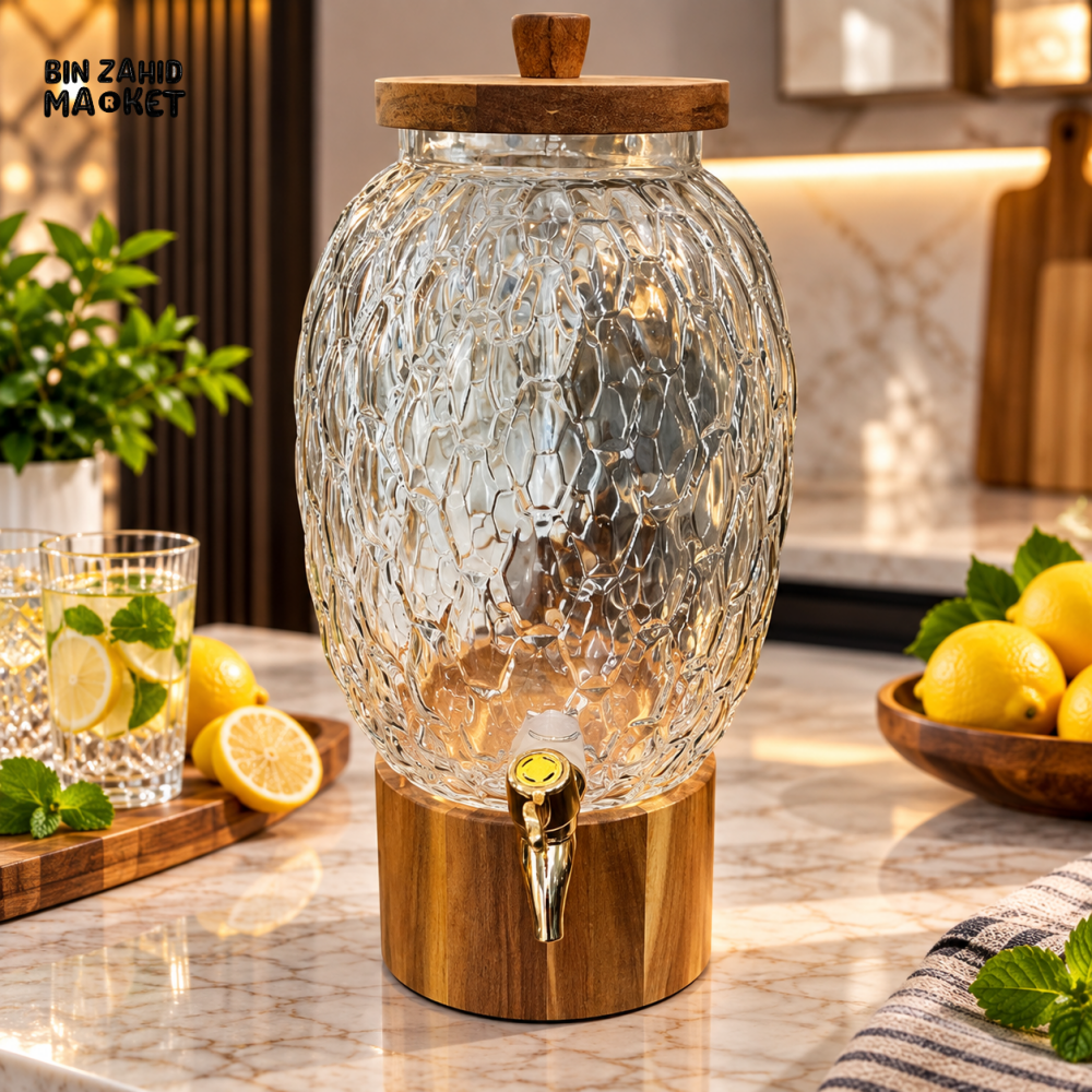 HONEYCOMB GLASS BEVERAGE DISPENSER WITH TAP & WOODEN LID - 5 LITERS