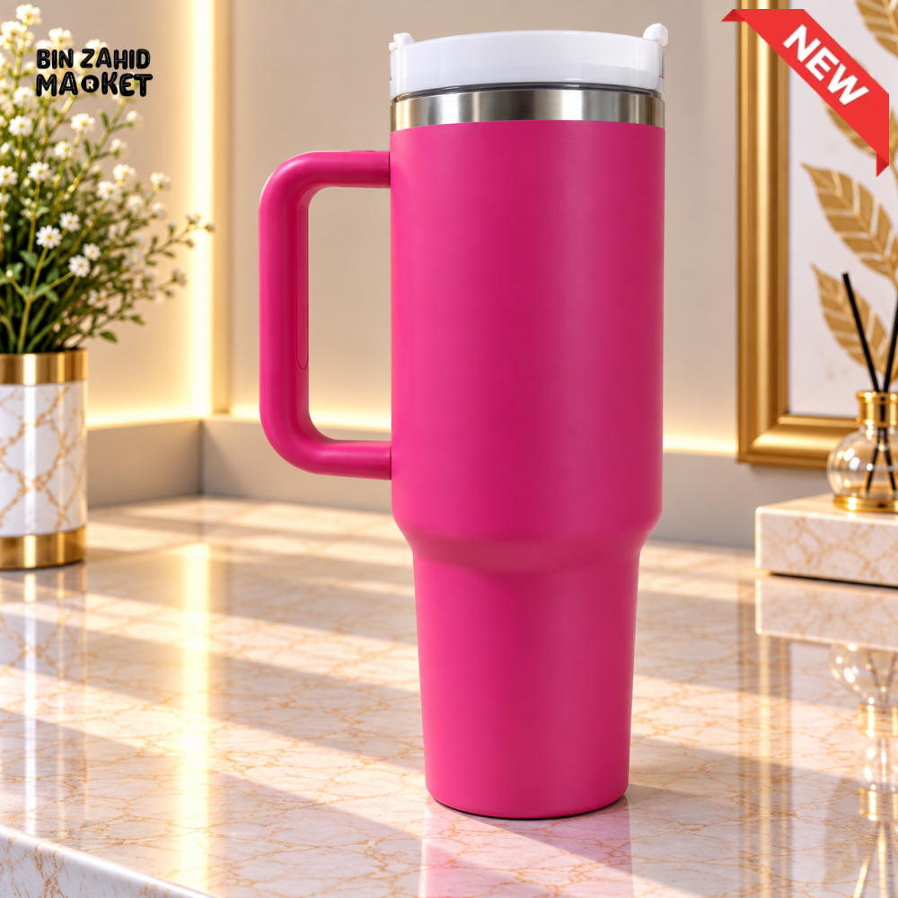 HOT PINK STAINLESS STEEL INSULATED TRAVEL TUMBLER WITH HANDLE 40OZ