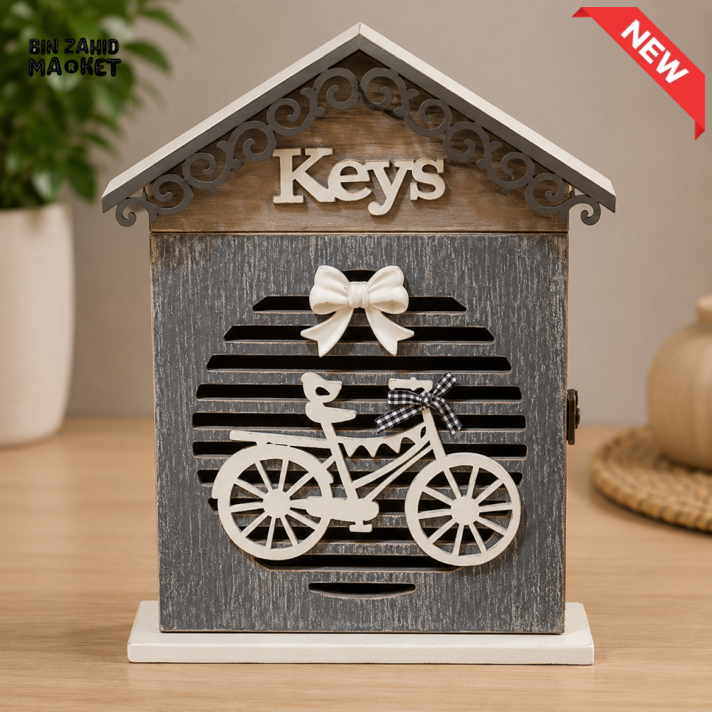 HOUSE SHAPED WOODEN KEY HOLDER CABINET WITH BICYCLE DESIGN