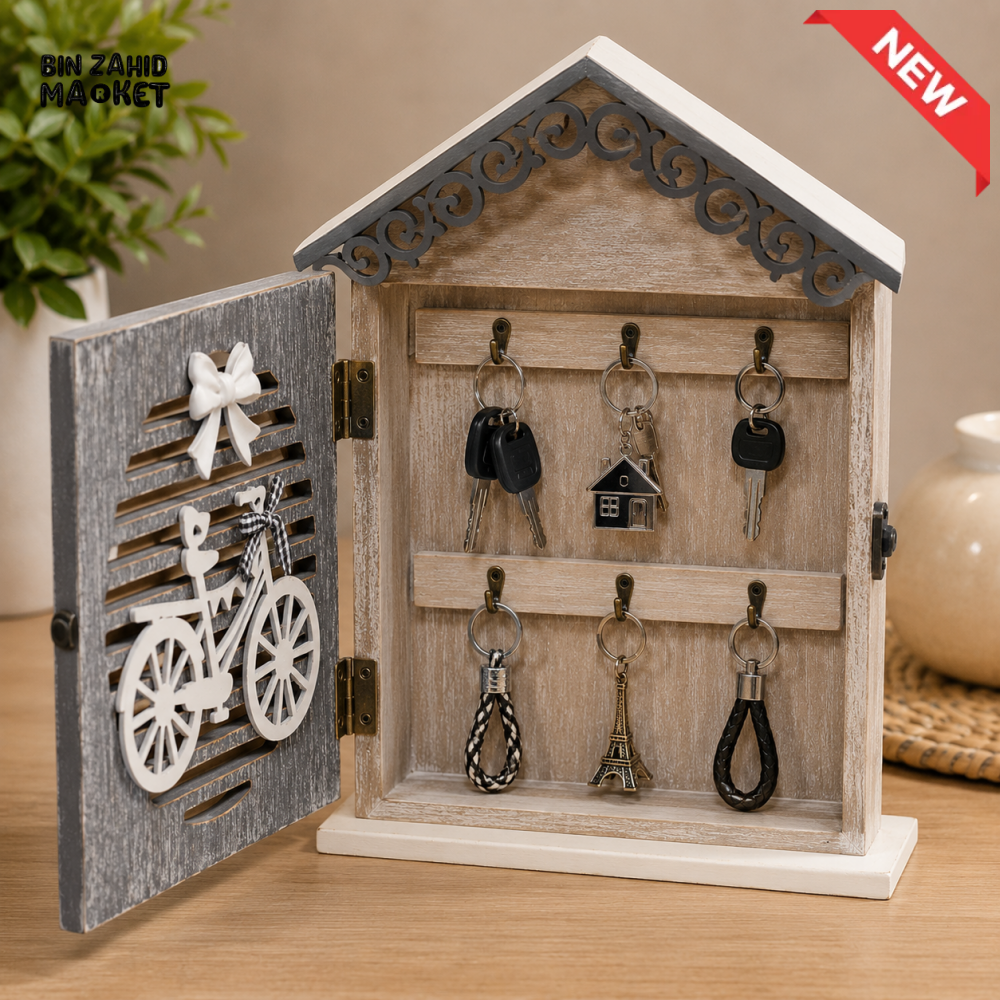 HOUSE SHAPED WOODEN KEY HOLDER CABINET WITH BICYCLE DESIGN