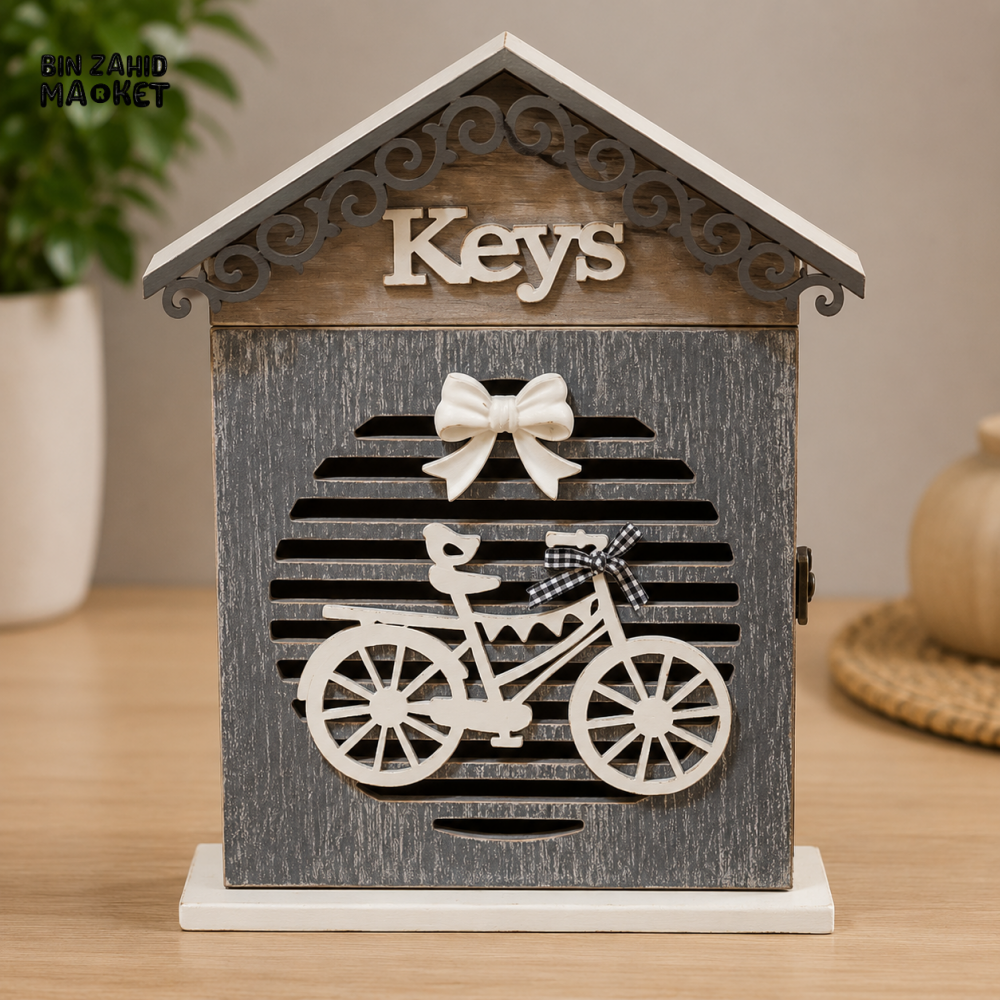 HOUSE SHAPED WOODEN KEY HOLDER CABINET WITH BICYCLE DESIGN