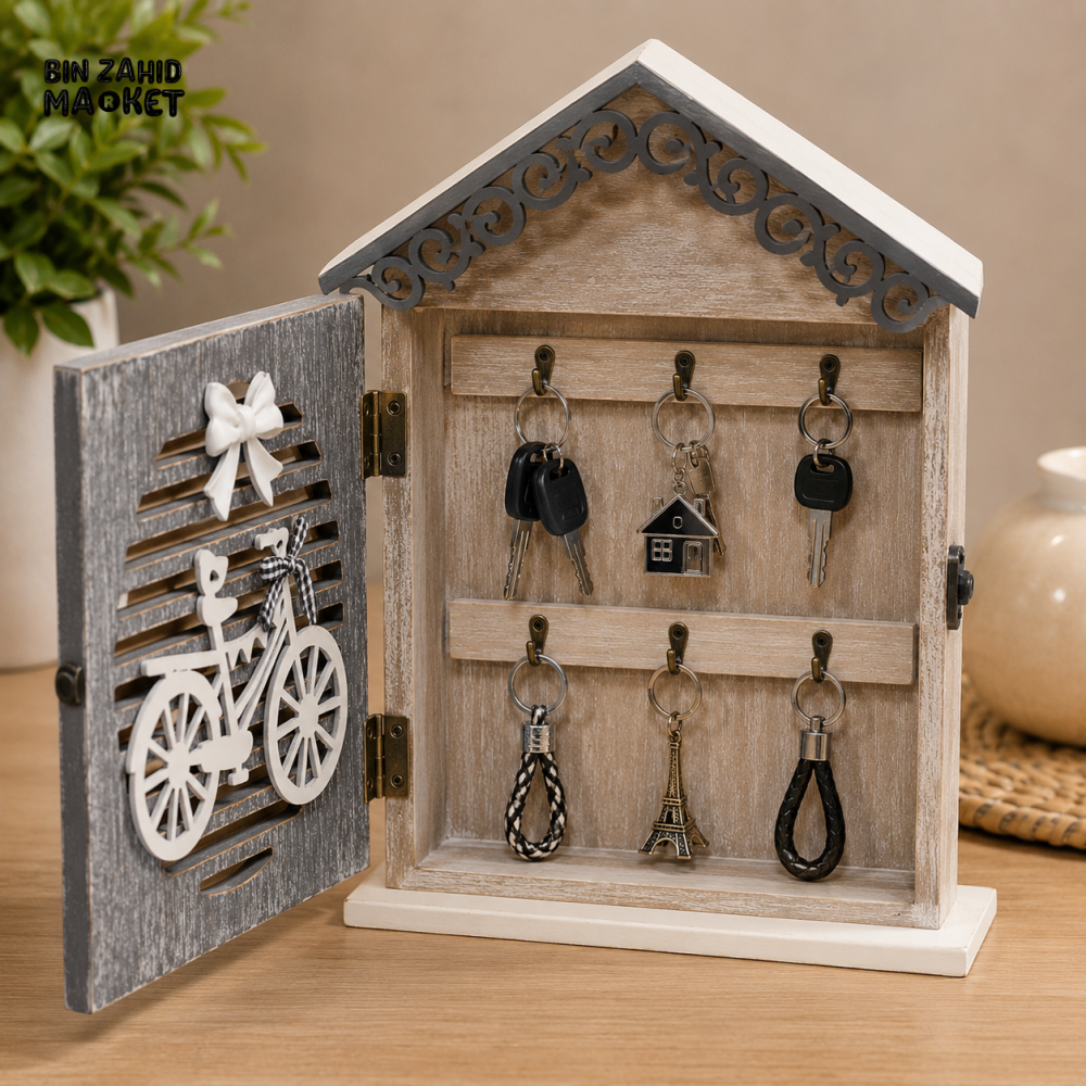 HOUSE SHAPED WOODEN KEY HOLDER CABINET WITH BICYCLE DESIGN