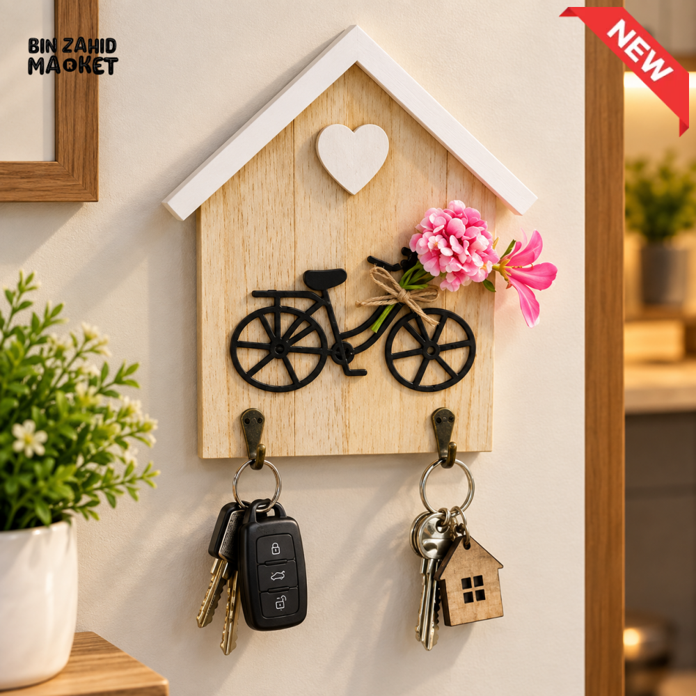 HOUSE SHAPED WOODEN WALL KEY HOLDER WITH BICYCLE & FLOWER DESIGN