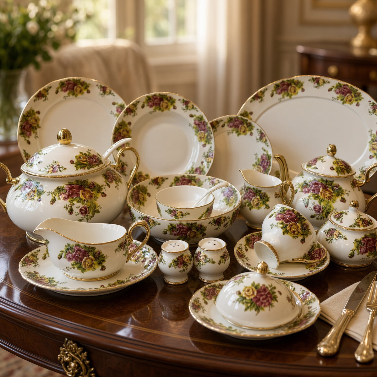 Royal Albert Inspired Blue Floral Patterns Gold Accents 75 Pieces 8 Persons Serving Bone China Dinner Set