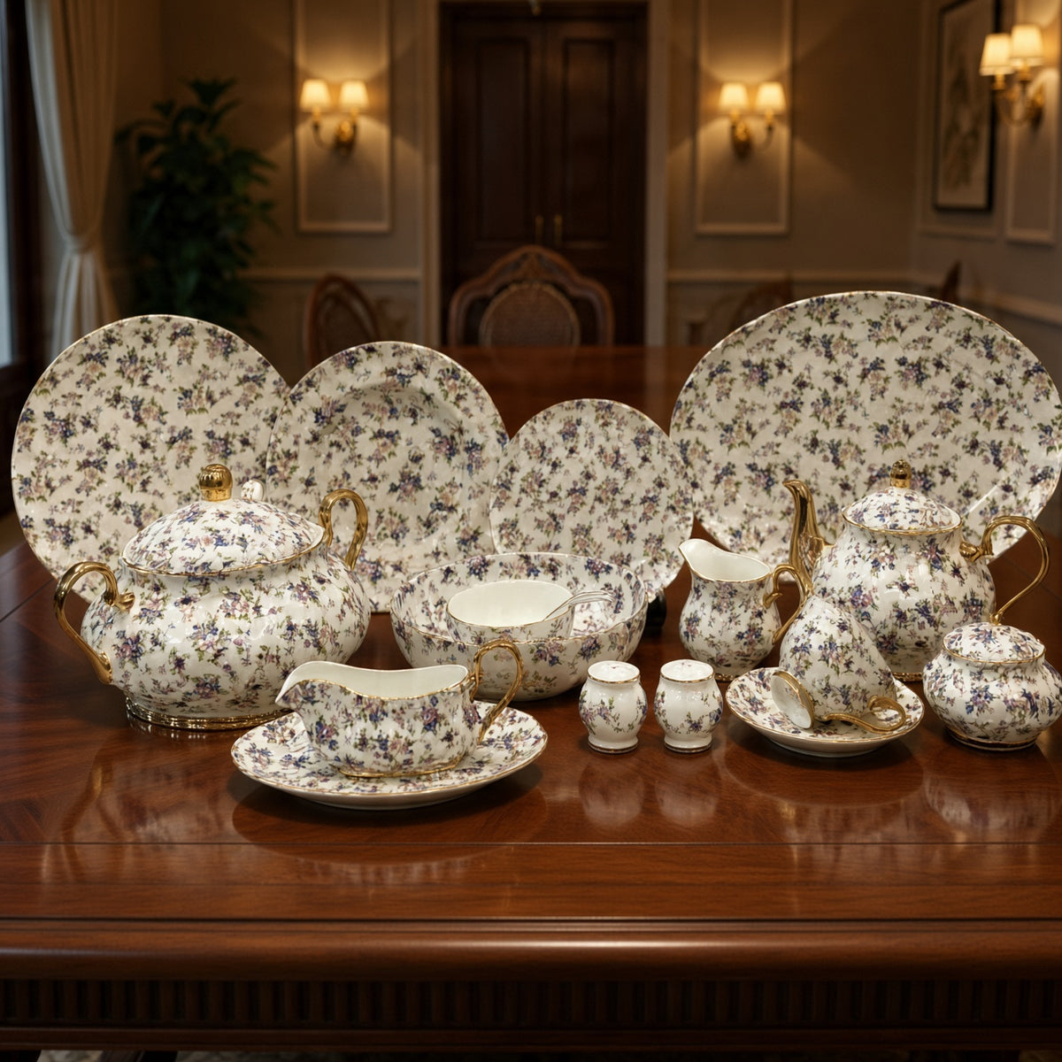 Royal Albert Inspired Purple Floral Patterns With Gold Accents 75 Pieces 8 Persons Serving Bone China Dinner Set