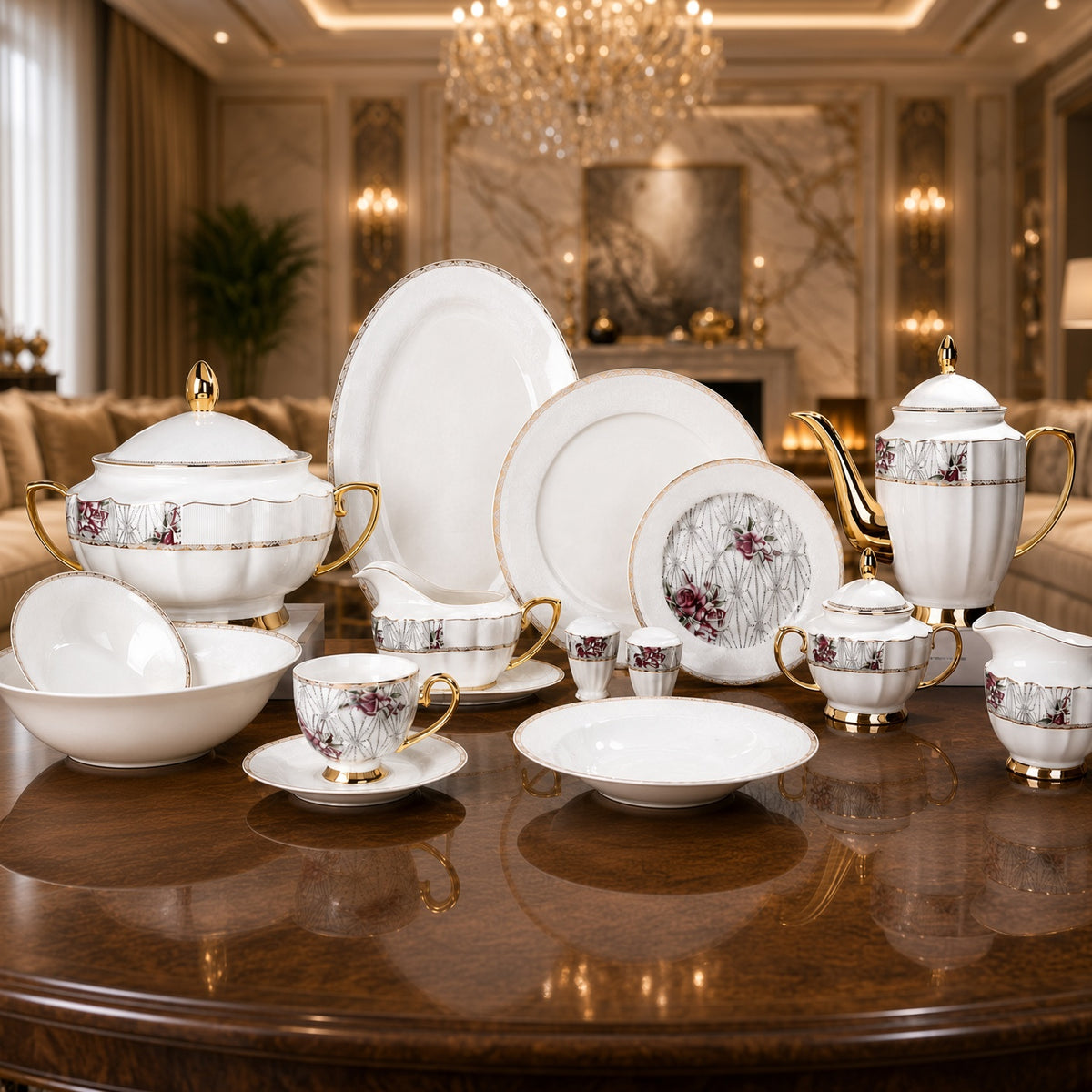 Johnson Bros Inspired Burgundy Rose Patterns Bone China Dinner Set