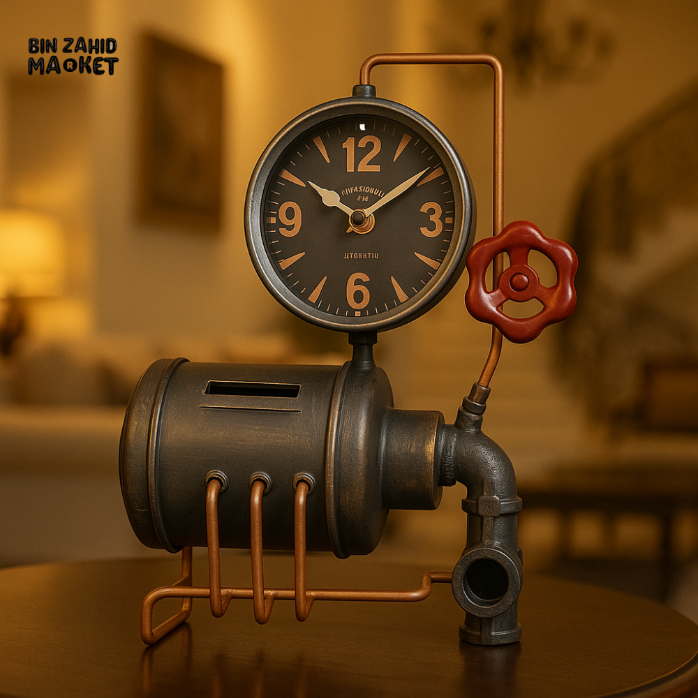 INDUSTRIAL STEAMPUNK TABLE CLOCK – VINTAGE BOILER DESIGN WITH METAL PIPES & RED VALVE