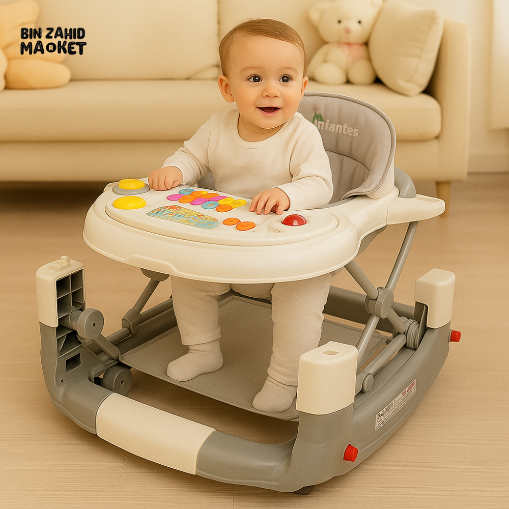 INFANTES 2-IN-1 ROCKING BABY WALKER WITH MUSIC AND LIGHTS – FOLDABLE WALKER FOR INFANTS - GREY