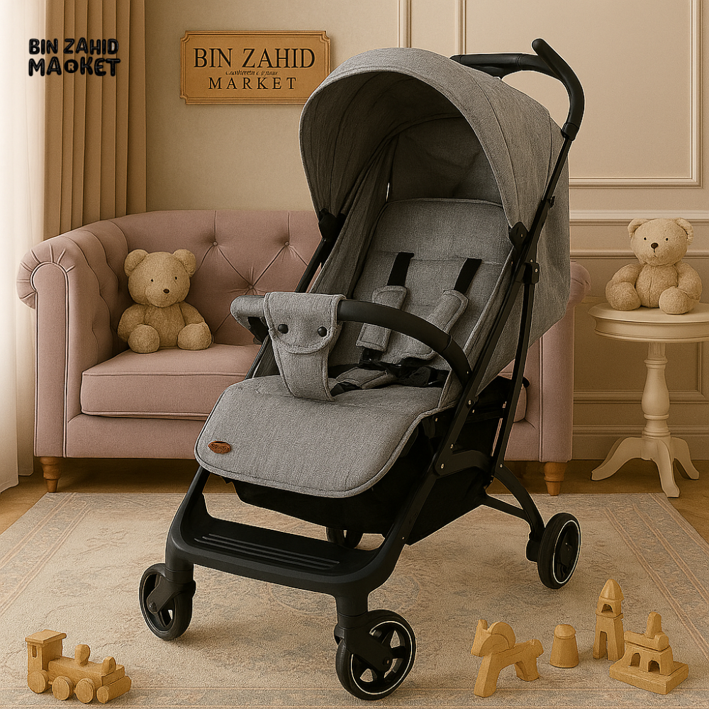 INFANTES BABY STROLLER – COMPACT FOLDABLE DESIGN WITH RECLINING SEAT & SAFETY HARNESS - LIGHT GREY