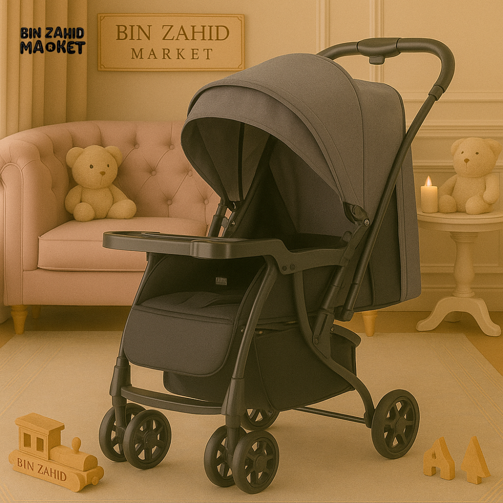 INFANTES BABY STROLLER – DOUBLE WHEEL DESIGN WITH FOOD TRAY & FULL CANOPY COVER FOR INFANTS - DARK GREY