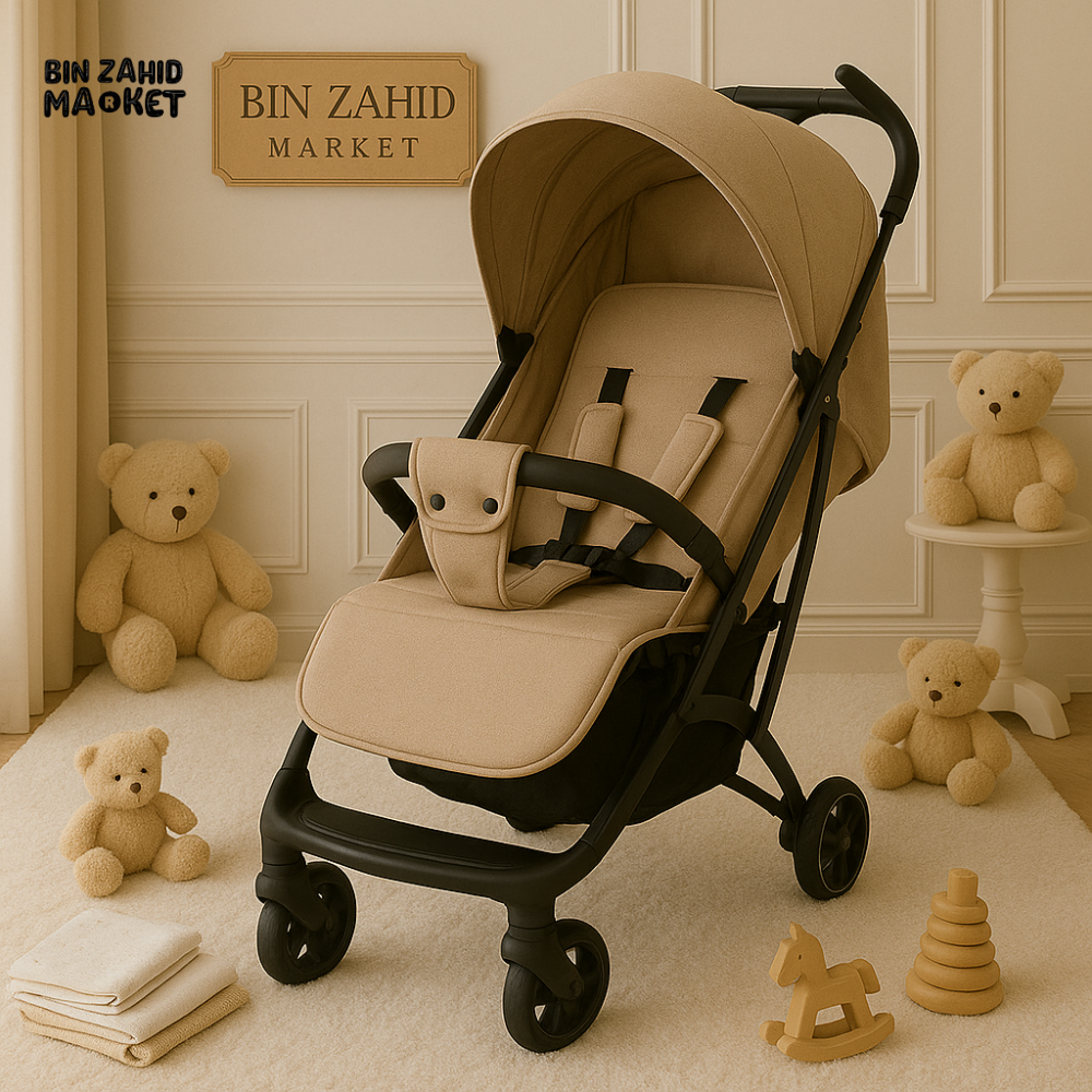 INFANTES BABY STROLLER – FOLDABLE TRAVEL PRAM WITH CABIN-SIZE TROLLEY DESIGN & SAFETY HARNESS - BEIGE