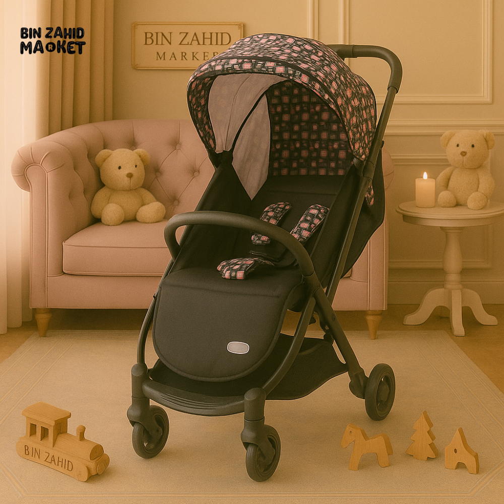 INFANTES BABY STROLLER – LIGHTWEIGHT & STYLISH PRINTED CANOPY WITH SAFETY HARNESS AND STORAGE BASKET - BLACK