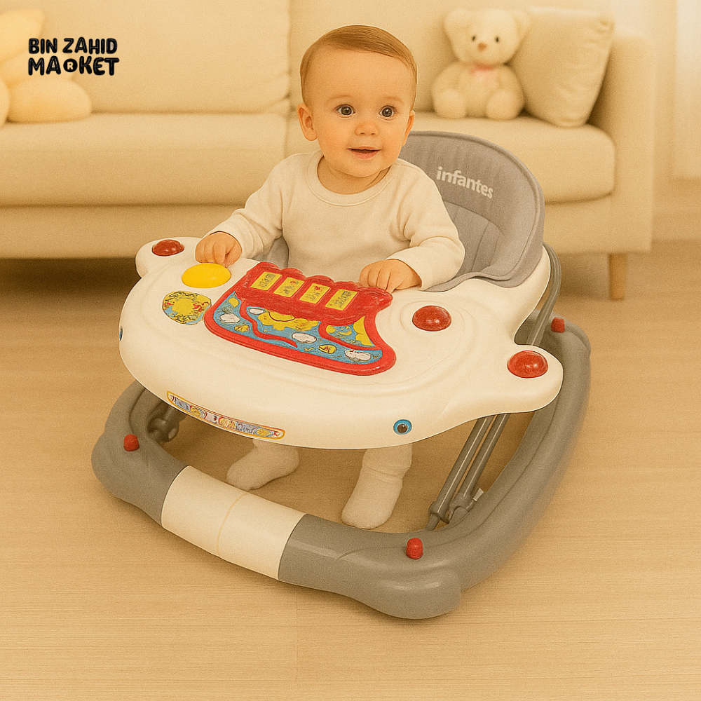 INFANTES BABY WALKER WITH MUSICAL LIGHT TOY PANEL – FOLDABLE WALKER FOR INFANTS AND TODDLERS - GREY