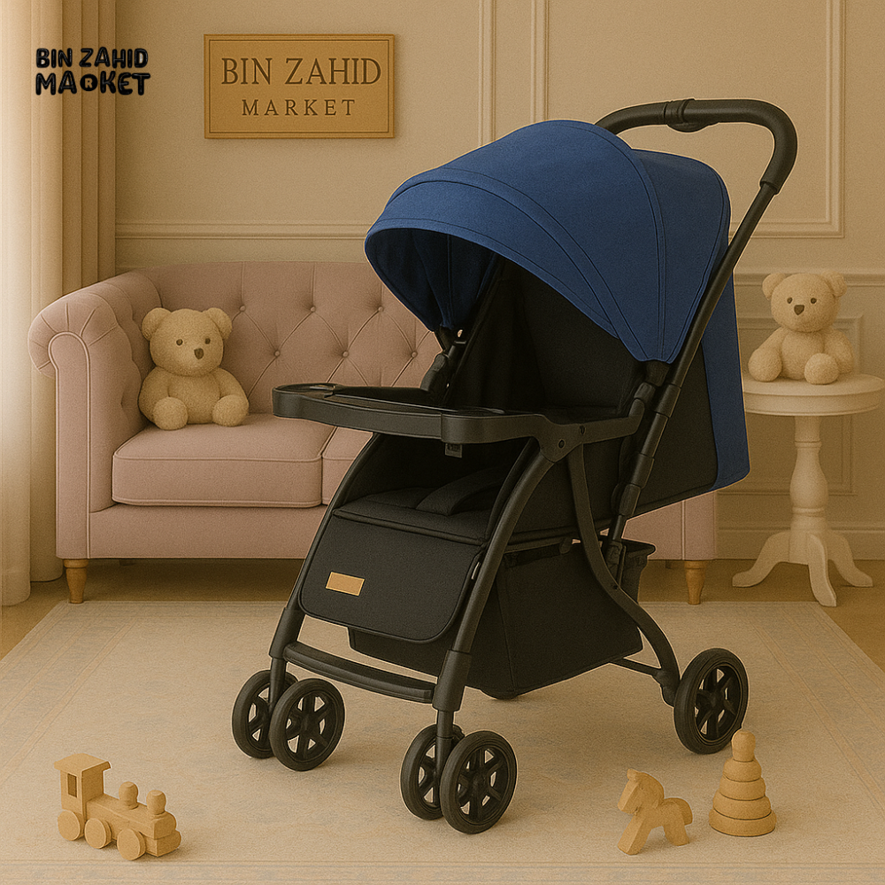 INFANTES BLUE BABY STROLLER – COMFORTABLE SEAT WITH FOOD TRAY, DOUBLE WHEELS & FULL CANOPY COVER