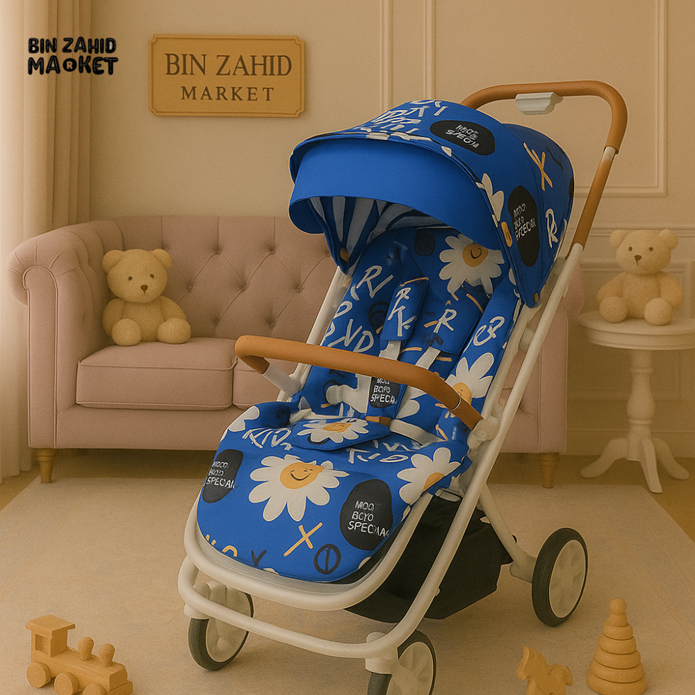 INFANTES CARTOON PRINTED BABY STROLLER – BLUE FLOWER DESIGN WITH WHITE FRAME & LEATHER HANDLE
