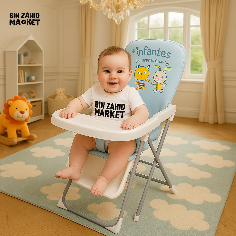INFANTES FOLDABLE BABY HIGH CHAIR – CARTOON DESIGN FEEDING SEAT WITH TRAY & STORAGE - BLUE