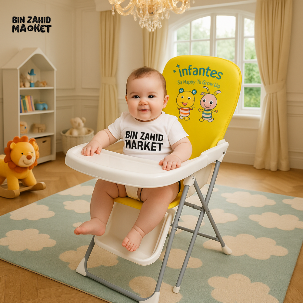 INFANTES FOLDABLE BABY HIGH CHAIR – CARTOON DESIGN FEEDING SEAT WITH TRAY & STORAGE - YELLOW