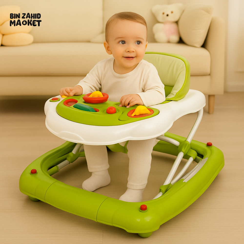 INFANTES GREEN BABY WALKER WITH MUSIC TOY PANEL – FOLDABLE WALKER FOR INFANTS WITH CUSHIONED SEAT & SAFETY STOPPERS