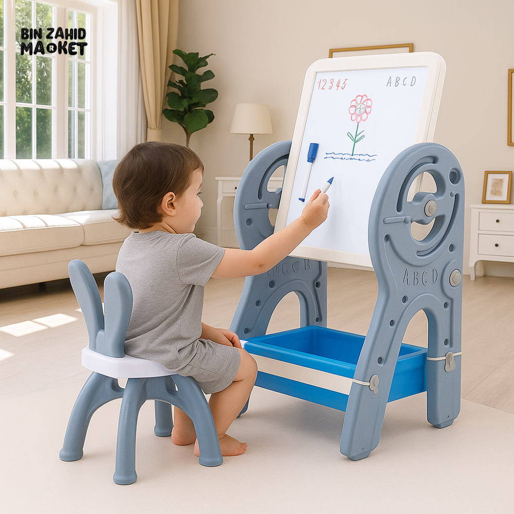 INFANTES KIDS MULTIPURPOSE EASEL SET WITH CHAIR EDUCATIONAL DRAWING BOARD - BLUE