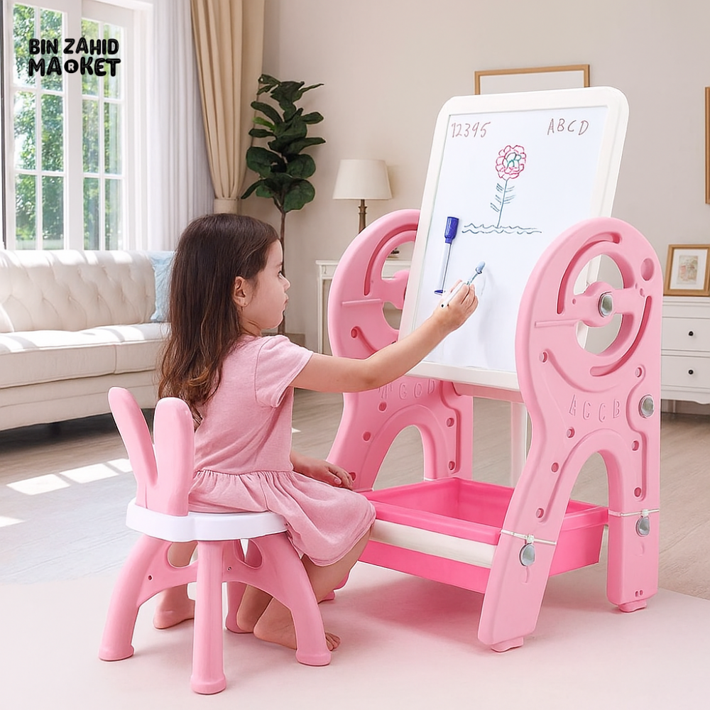 INFANTES KIDS MULTIPURPOSE EASEL SET WITH CHAIR EDUCATIONAL DRAWING BOARD - PINK