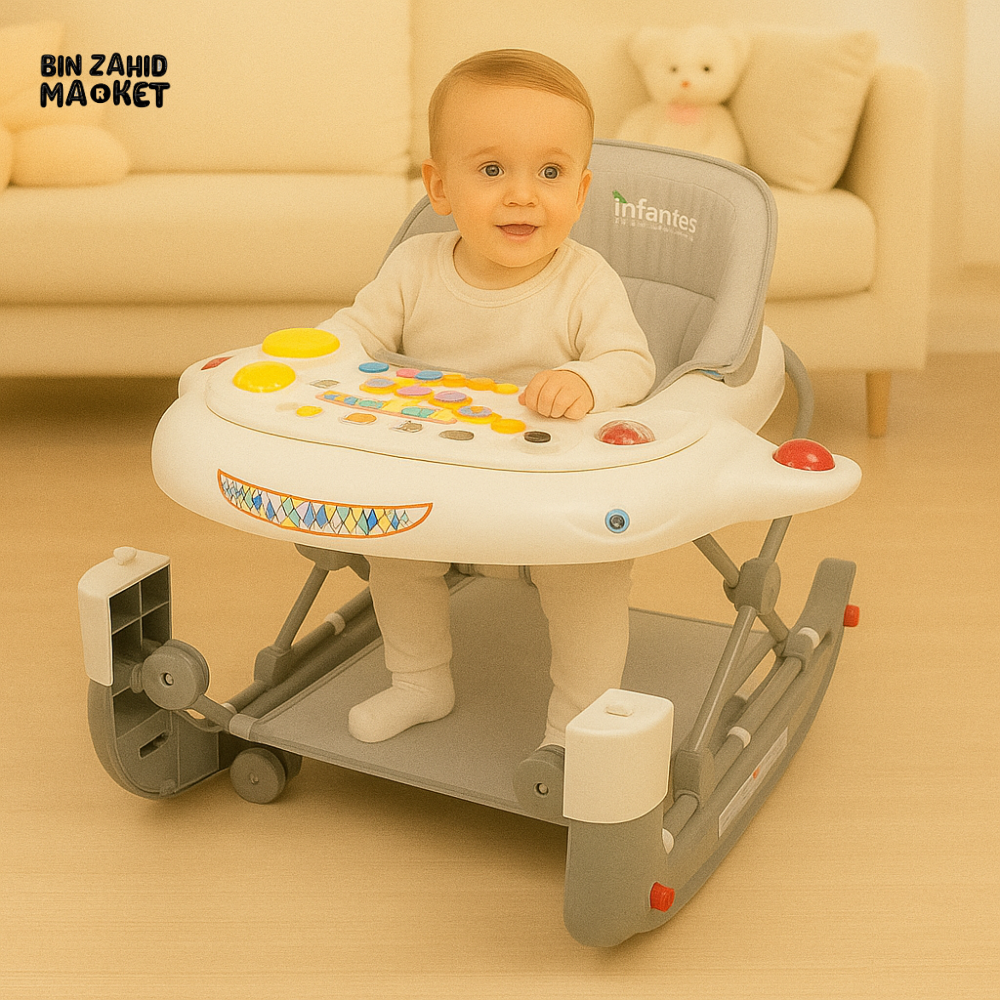 INFANTES MULTIFUNCTIONAL BABY WALKER WITH ROCKING BASE & MELODIC TOY PANEL – CONVERTIBLE GREY INFANT WALKER - WHITE