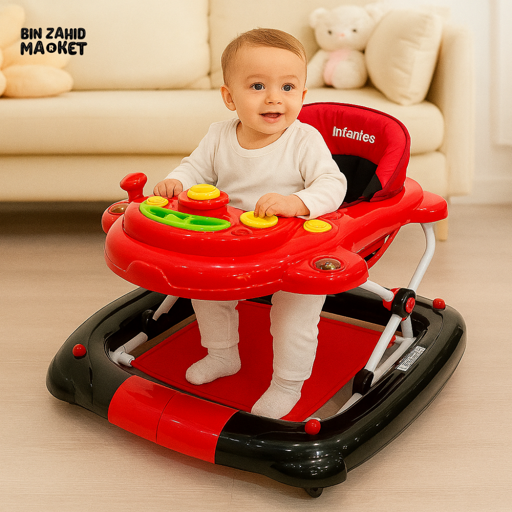 INFANTES RED & BLACK BABY WALKER – MUSICAL ACTIVITY TRAY WITH LIGHTS, FOLDABLE FRAME & COMFY SEAT FOR TODDLERS