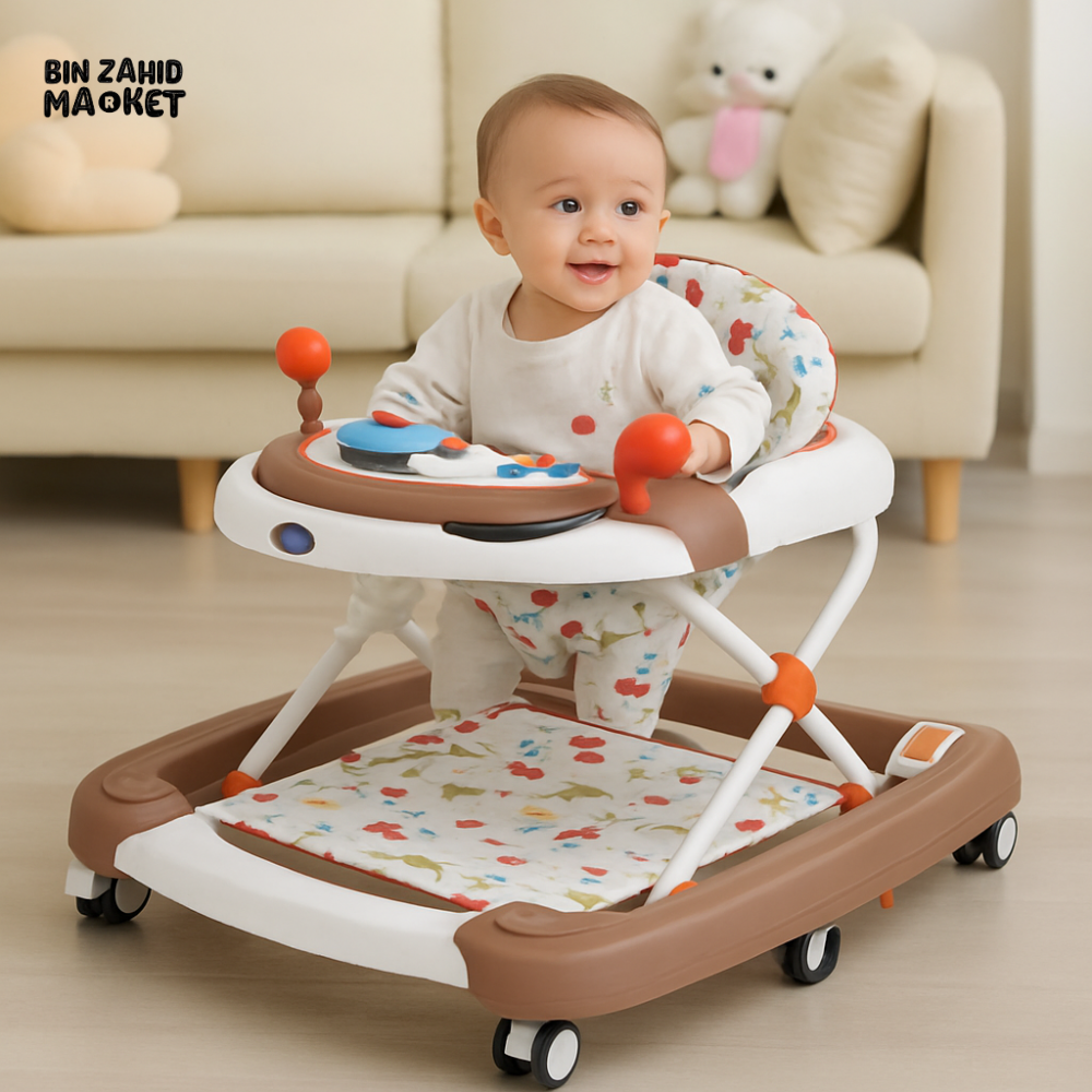 INFANTES RED & BLACK BABY WALKER – MUSICAL ACTIVITY TRAY WITH LIGHTS, FOLDABLE FRAME & COMFY SEAT FOR TODDLERS - BEIGE