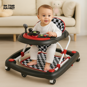INFANTES RED & BLACK BABY WALKER – MUSICAL ACTIVITY TRAY WITH LIGHTS, FOLDABLE FRAME & COMFY SEAT FOR TODDLERS - BLACK & WHITE
