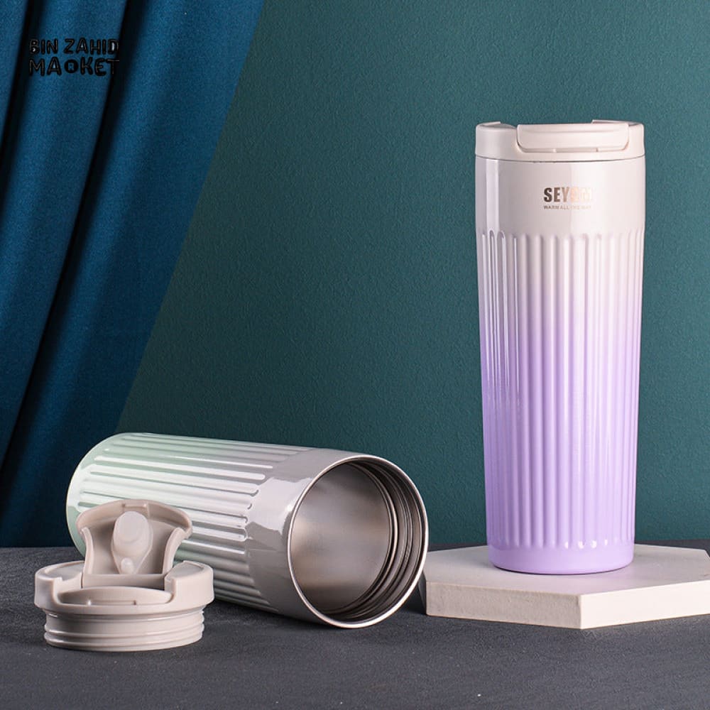 INSULATED COFFEE MUG 500ML – STRIPED STAINLESS STEEL VACUUM FLASK FOR TRAVEL